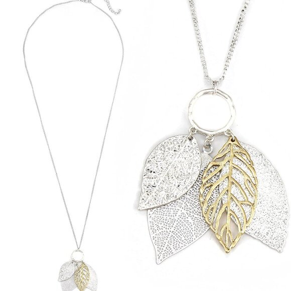 Gold Silver Two Tone Filigree Fall Leaf Pendant Long Necklace Chic Sweater Chain - Picture 8 of 9